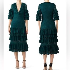 Saylor Emerald Green Tiered Lace Midi Dress Ruffle Sleeve Cocktail/Wedding Guest